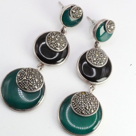 STERLING SILVER DECO ONYX CHALCEDONY LONG EARRINGS - Picture 8 of 12